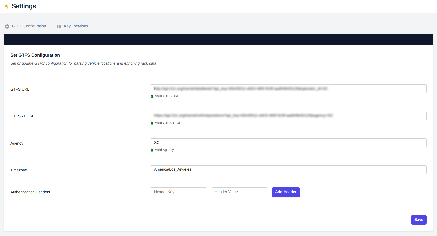 GTFS Settings Configuration